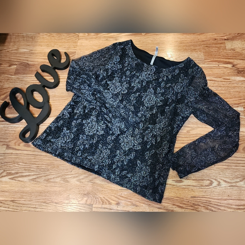 Vintage White Stag Elegant Black And Silver Floral Lace Women's Top Size L